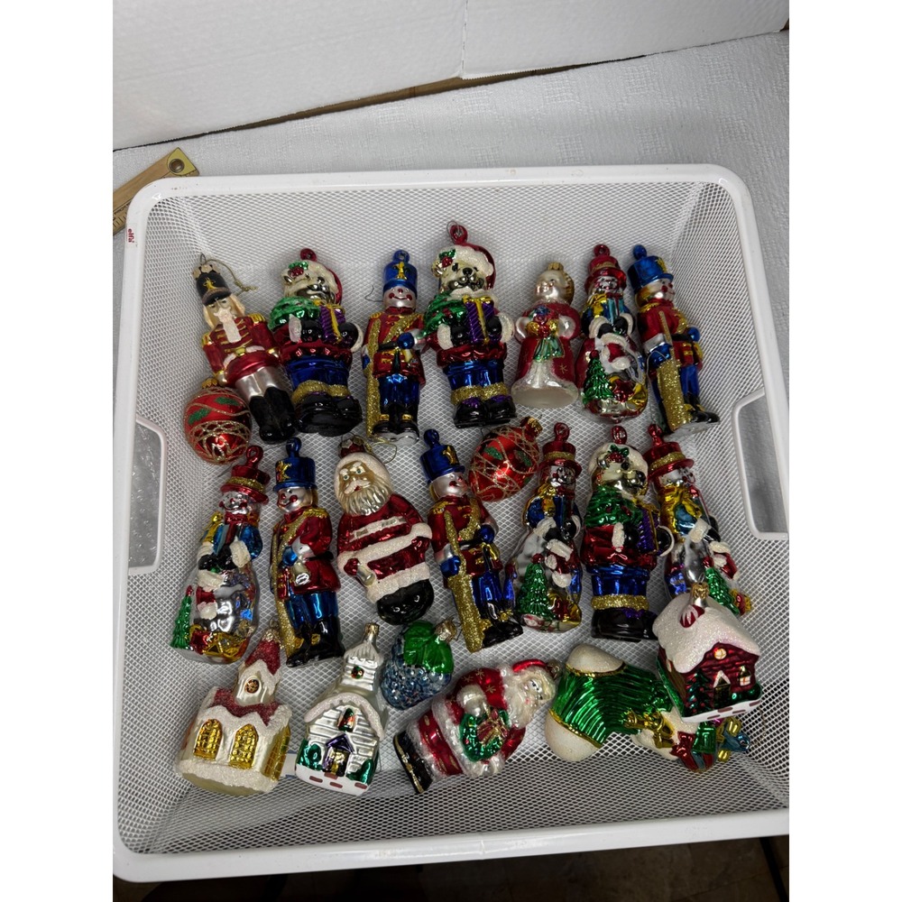 22pc Blown Glass Christmas Ornament Lot Nutcracker Santa Snowman House Glitter2